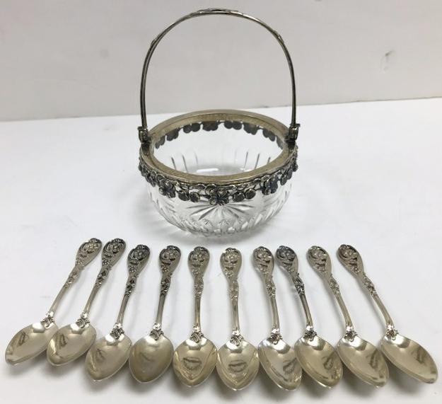MARKED 800 CUT CRYSTAL & SILVER SERVING BOWL WITH (1 of 11)