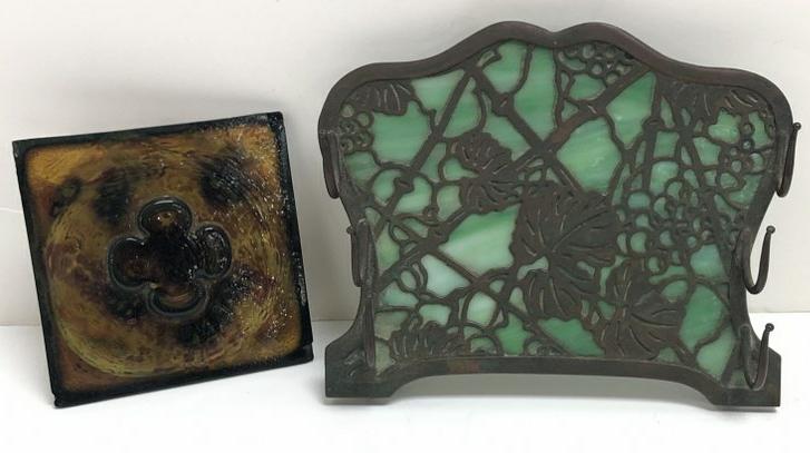 TIFFANY STUDIOS BRONZE & SLAG GLASS PEN HOLDER (MARKED (1 of 6)