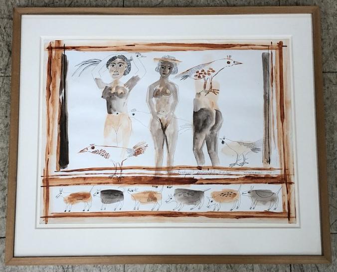 JOSE GARCIA MONTEBRAVO (CUBA) W/COLOR, PEN & INK OF: JOSE GARCIA MONTEBRAVO (CUBA) W/COLOR, PEN & INK OF WOMEN WITH ANIMALS & BIRDS. INSCRIBED TO EVELYNE DAITZ & HER ESTATE, FORMER OWNER OF WITKIN GALLERY IN NYC. BEAUTIFULLY CUSTOM FRAMED AND MATTED. DA
