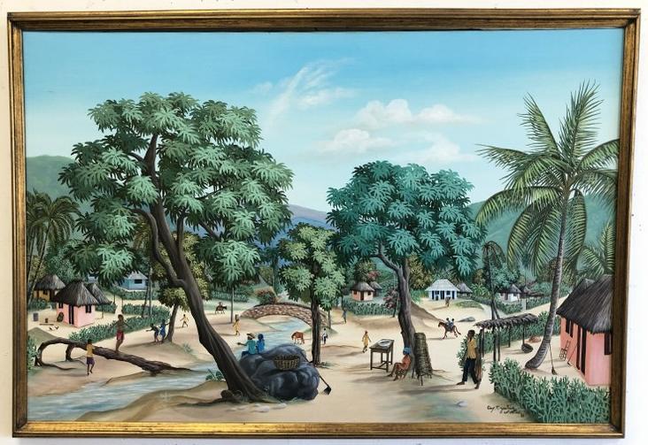 GUY JOACHIM (B 1955) HAITI O/C LANDSCAPE WITH PEOPLE,: GUY JOACHIM (B 1955) HAITI O/C LANDSCAPE WITH PEOPLE, KIDS PLAYING BY WATER, SIGNED LOWER RIGHT AS PICTURED, DATED 1982, FROM LOCAL ESTATE, FINE CONDITION, PAINTING MEASURES 24" X 36".