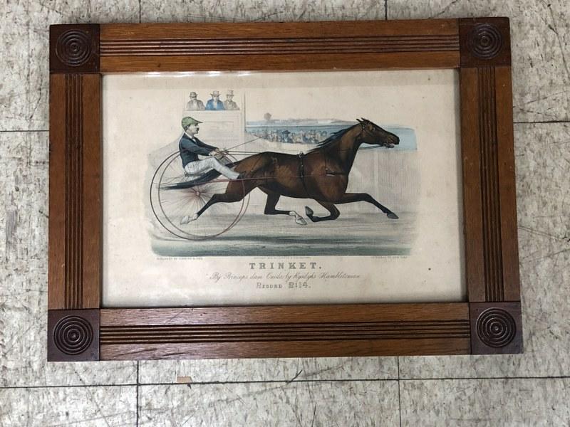 CURRIER & IVES PERIOD PRINT IN WONDERFUL PERIOD OAK: CURRIER & IVES PERIOD PRINT IN WONDERFUL PERIOD OAK FRAME, TITLED ( TRINKET), FROM NYC ESTATE, COPYRIGHT 1879. PRINT MEASURES 11.5" X 17". IN NICE CONDITIONâ€¦.