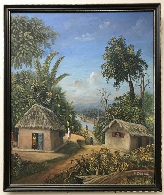 S. DELSOIN O/C HATIAN LANDSCAPE WITH STRAW ROOF HUTS: S. DELSOIN O/C HATIAN LANDSCAPE WITH STRAW ROOF HUTS WITH PEOPLE, MOUNTAIN AND WATER IN BACKGROUND, DATED 3-84. FROM LOCAL ESTATE, PAINTNG MEASURES 24" X 20", VERY NICE CONDITION.