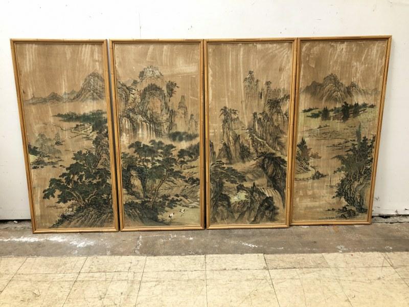 (4) ASIAN SILKSCREEN PANELS IN FAUX BAMBOO FRAMES, FROM (1 of 2)