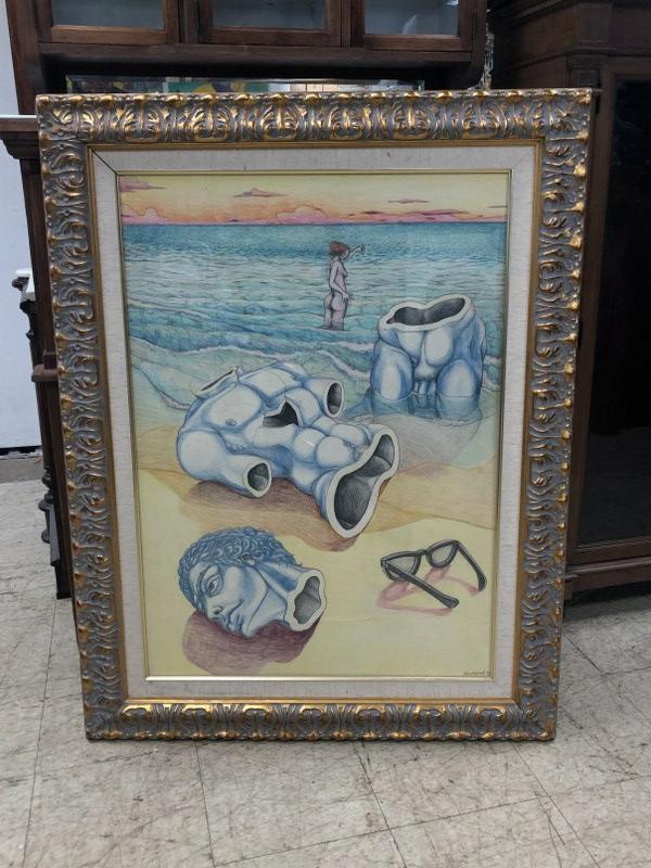 EDWIN BIEBUYCK (1955-1991) COLORED PENCIL DRAWING OF: EDWIN BIEBUYCK (1955-1991) COLORED PENCIL DRAWING OF NUDE WOMAN IN OCEAN, MALE TORSO FROM STATUE IN WATER, WITH TOP OF THE BODY AND HEAD LAYING ON SHORE. SIGNED LOWER RIGHT EDWIN BIEBUYCK AND DATED 19