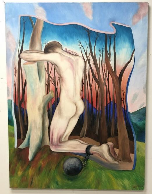 EDWIN BIEBUYCK (1955-1991) O/C OF MAN BALL AND CHAINED, (1 of 3)