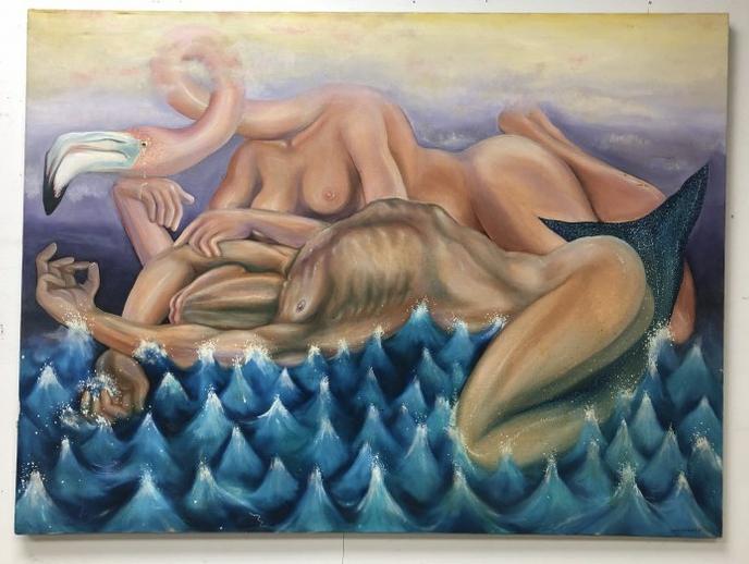 EDWIN BIEBUYCK (1955-1991) O/C MALE & FEMALE BODIES: EDWIN BIEBUYCK (1955-1991) O/C MALE & FEMALE BODIES INTERTWINED IN WATER, HER HEAD IS A FLAMINGO LIKE BIRD'S. SIGNED LOWER RIGHT EDWIN BIEBUYCK 1980, PAINTING MEASURES 36" X 48", AS FOUND CONDITION, W