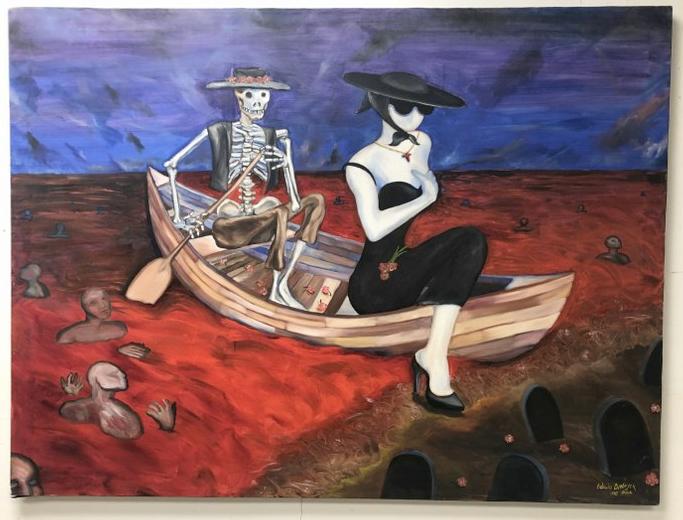 EDWIN BIEBUYCK (1955-1991) O/C WITH SKELETON ROWING: EDWIN BIEBUYCK (1955-1991) O/C WITH SKELETON ROWING BOAT WITH WOMAN IN BLACK DRESS AND HAT IN BOAT, WEARING A CROSS, AND FLOWERS ON HER LAP, SIGNED EDWIN BIEBUYCK PWA AND DATED 1990. BODIES IN WATER S