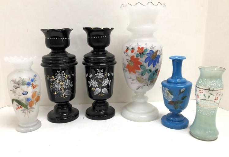 (6) VICTORIAN ERA BRISTOL GLASS HAND PAINTED VASES, (1 of 6)