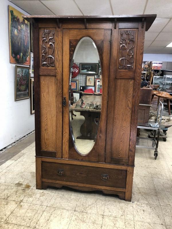 OAK MIRRORED ARMOIRE WITH DRAWER ON BOTTOM, COMES IN 2 (1 of 4)