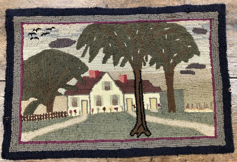 EARLY HOOK LANDSCAPE RUG WITH HOUSE & TREES. FROM (1 of 1)