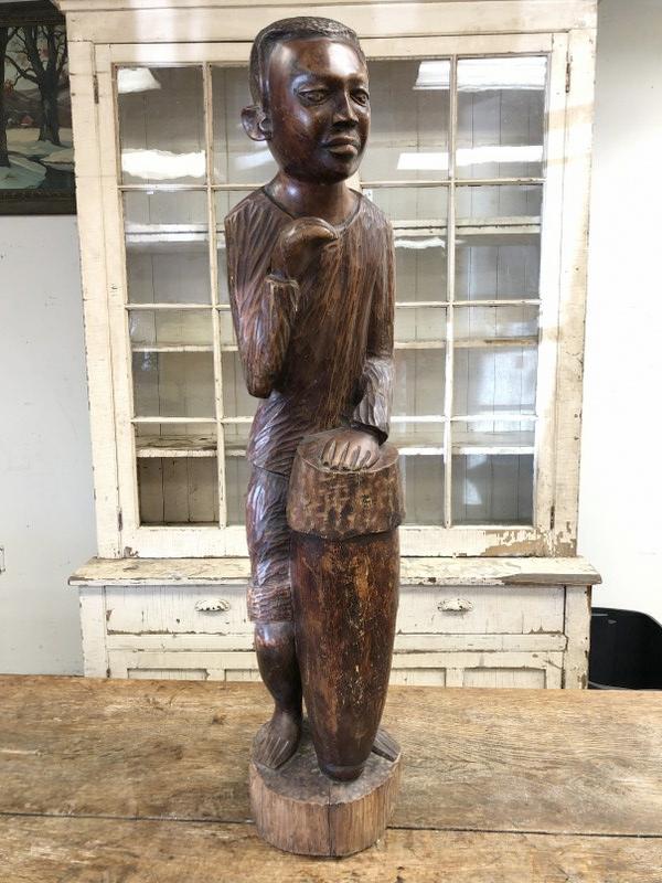 42" HIGH AFRICAN CARVED MAN PLAYING A DRUM, FROM ESTATE (1 of 5)