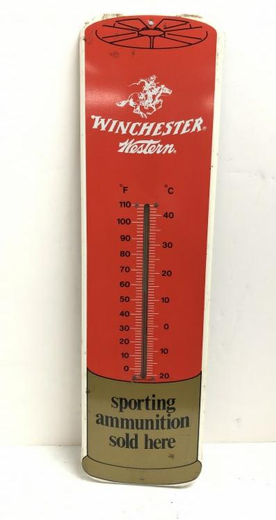 VINTAGE WINCHESTER WESTERN SPORTING AMMUNITION SOLD: VINTAGE WINCHESTER WESTERN SPORTING AMMUNITION SOLD HERE WALL THERMOMETER, FROM CLOSED HUDSON VALLEY HUNTING AND SPORTING GOODS STORE, MY GUESS IS 1960'S OR 70'S. METAL BODY IN OVERALL GOOD CONDITION,