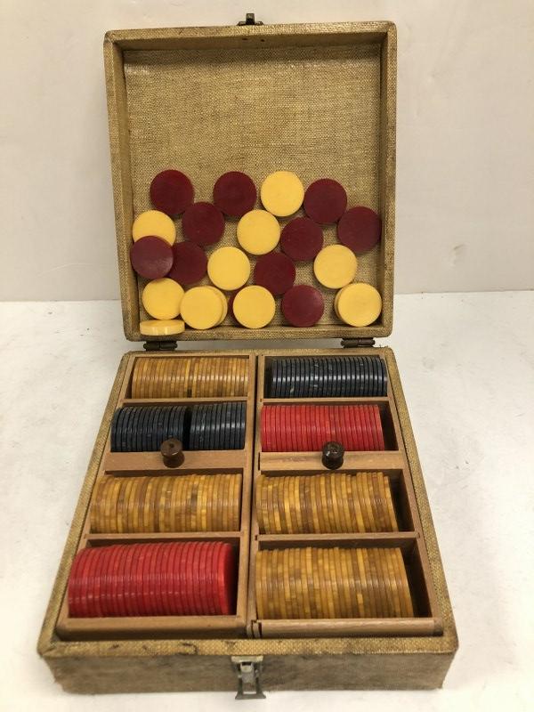 VINTAGE BAKELITE POKER CHIPS AND GAME PIECES, IN (1 of 6)