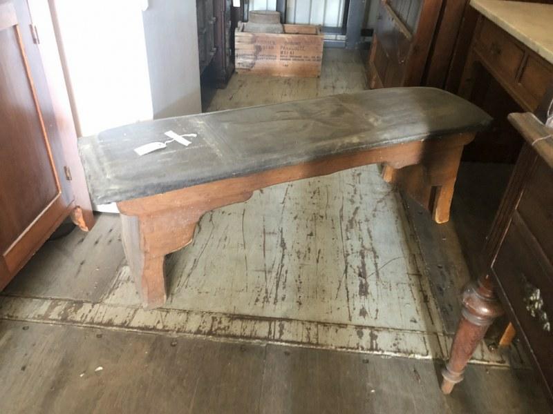 OLD PINE BENCH WITH OIL CLOTH TOP, STRUCTURALLY SOUND, (1 of 2)