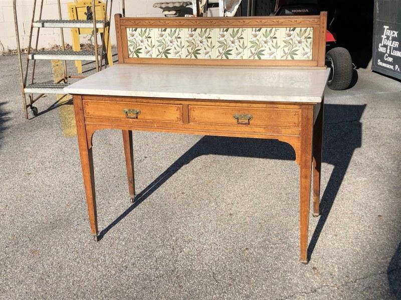 CONTINENTAL OAK MARBLE TOP WORK TABLE WITH 2 DRAWERS (1 of 5)