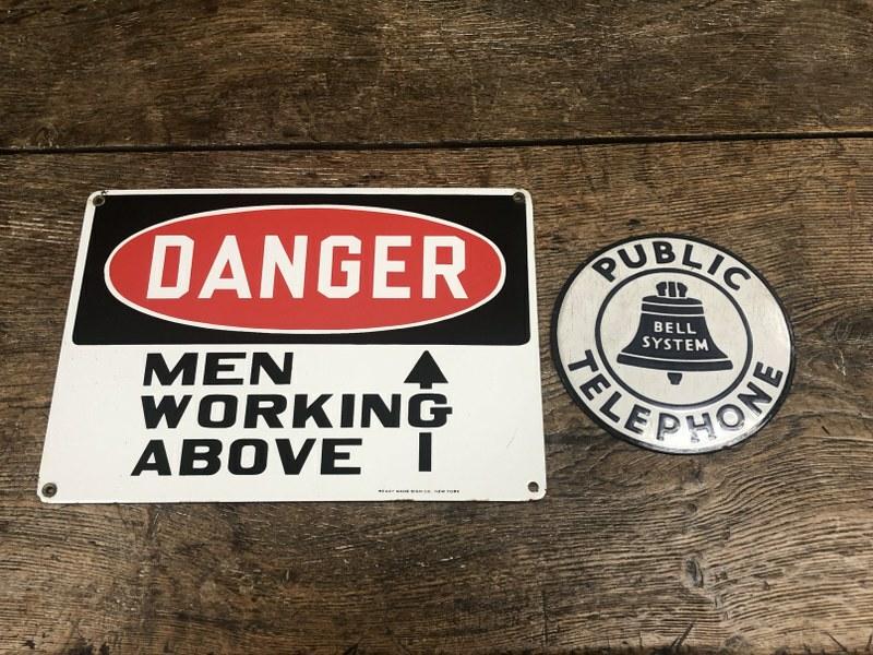 (2) OLD ENAMEL SIGNS (DANGER MEN WORKING ABOVE (IN VERY (1 of 5)