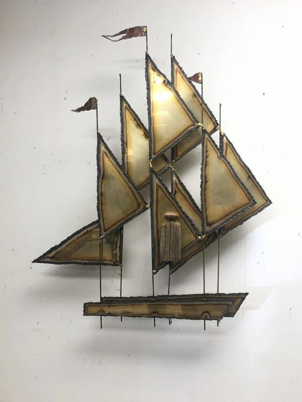 MID CENTURY BRASS WALL SCULPTURE OF SAIL BOAT, IN (1 of 1)