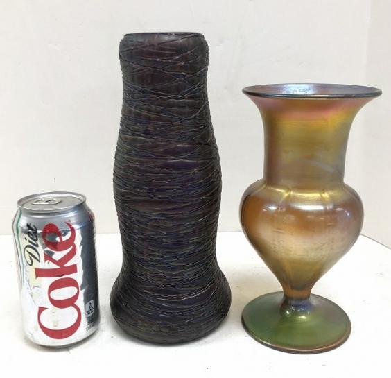 (2) PCS. CONTEMPORARY ART GLASS INCLUDING LOETZ LIKE: (2) PCS. CONTEMPORARY ART GLASS INCLUDING LOETZ LIKE VASE (MEASURING 10" HIGH) WITH NO MARKINGS ON BASE, THE SECOND PIECE HAS BEEN REPAIRED AND PAINTED ON THE BASE TO MATCH THE FINISH. ( THIS VASE HAS