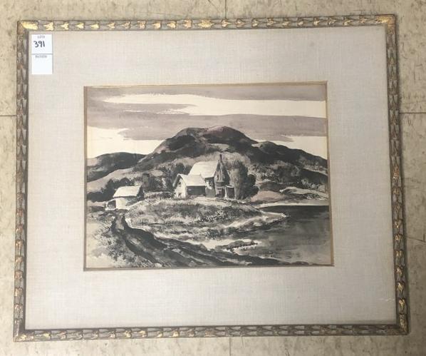 LOUIS WOLCHONOK (1898-1973) W/CPLOR LANDSCAPE WITH: LOUIS WOLCHONOK (1898-1973) W/CPLOR LANDSCAPE WITH HOUSE, OUTBUILDINGS, MOUNTAIN BACKGROUND AND WATER IN FOREGROUND. WONDERFULLY EXECUTED, NICELY FRAMED AND MATTED, FROM LOCAL ESTATE. PAINTING MEASURE