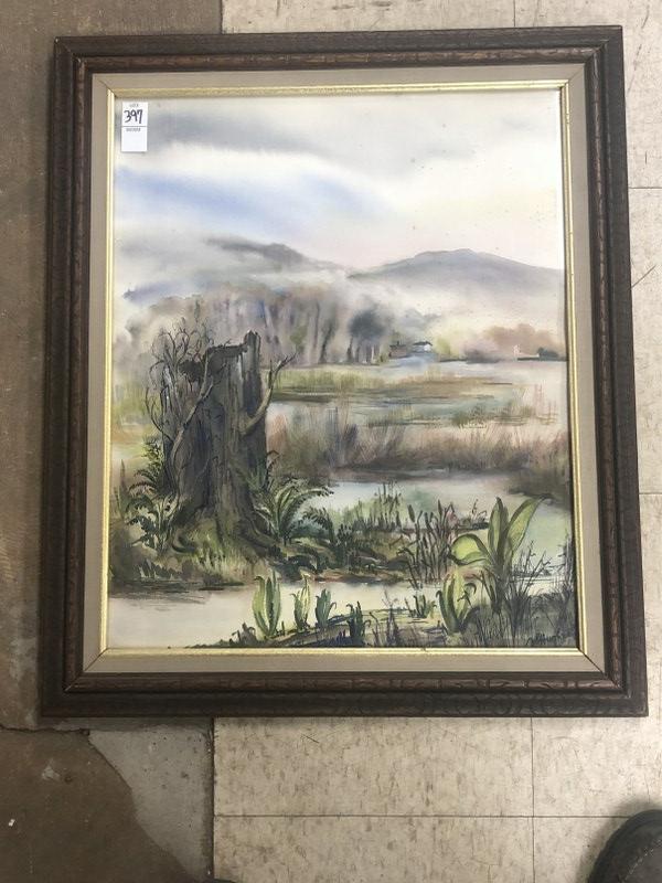 VIRGINIA HUGES W/C LANDSCAPE WITH WATER IN FOREGROUND,: VIRGINIA HUGES W/C LANDSCAPE WITH WATER IN FOREGROUND, MOUNTAINS IN BACKGROUND, SIGNED LOWER RIGHT. EXHIBITION LABEL ON BACK, FROM WILLIAMSBURG, VIRGINIA. ( TITLED RETURN OF SPRING). PAINTING MEASURES