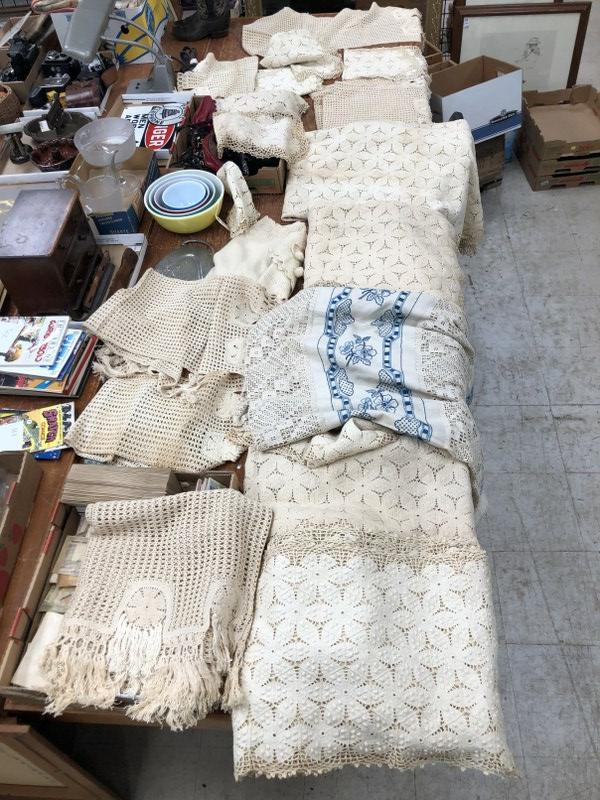 Big estate lot hand crocheted bedspreads, table cloths, (1 of 15)