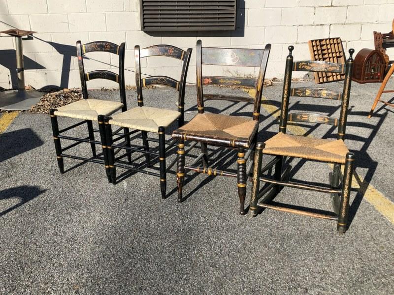 Four stencil-back chairs with rush seats, including one: Four stencil-back chairs with rush seats, including one rocker, from Hudson Valley estate. Good overall condition.