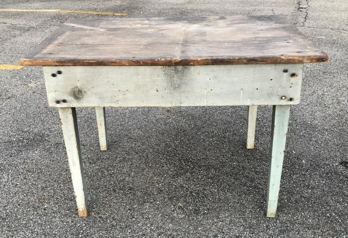 Early pine work table with base in old bluish-gray (1 of 3)
