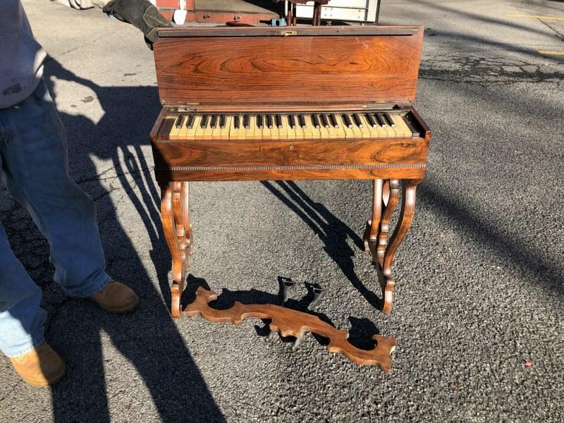 Victorian rosewood portable piano. As-is condition,: Victorian rosewood portable piano. As-is condition, needs some crossbars re-glued. Measures 30.5"across x 17.5"deep x 29" high.