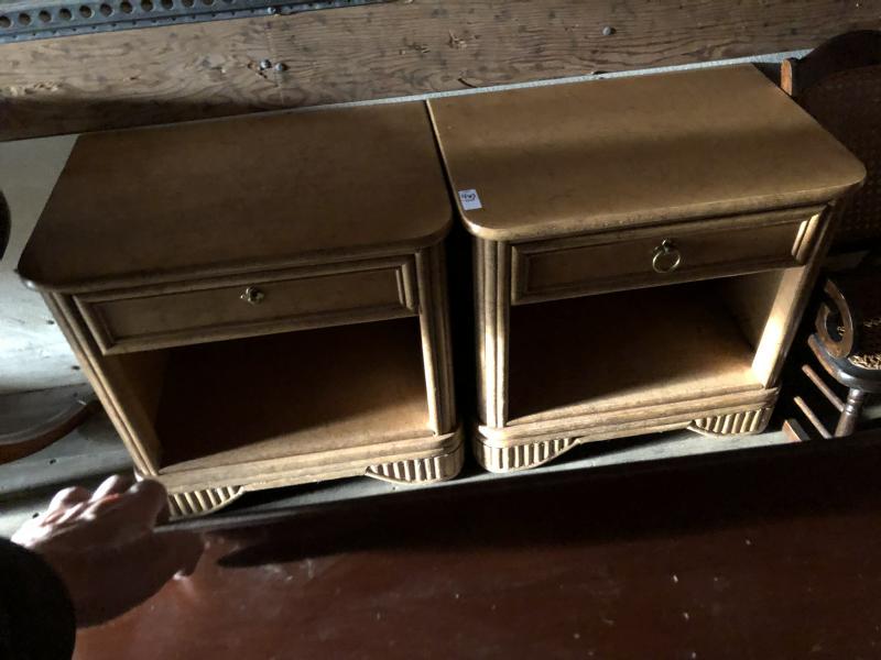Pair of decorative nightstands, faux bamboo, measure: Pair of decorative nightstands, faux bamboo, measure 24.5" wide, 17.5" deep, and 24" high. Some wear to finish, but a nice looking pair of night tables.