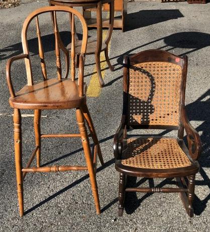 Early child's cane rocking chair and high chair, from (1 of 2)