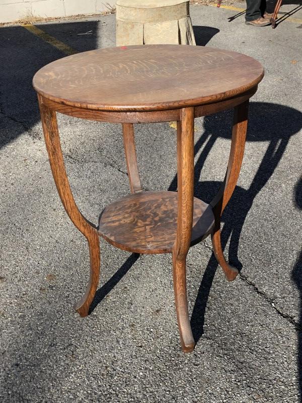 Round oak plant stand, measures 24" across, 30" high. (1 of 2)