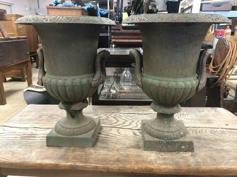 Pair 17" high cast iron classical urns, with handles, (1 of 2)