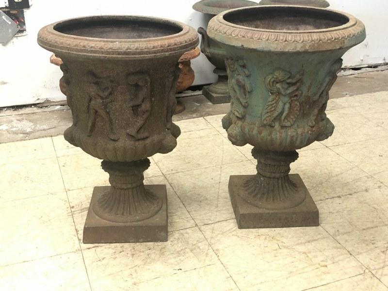 Pair 20" high cast iron garden urns with figures all (1 of 3)