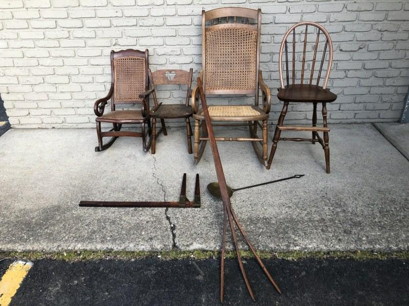 (7) pcs. Misc. estate goods including (3) tools, kids: (7) pcs. Misc. estate goods including (3) tools, kids chairs, and caned rocker.