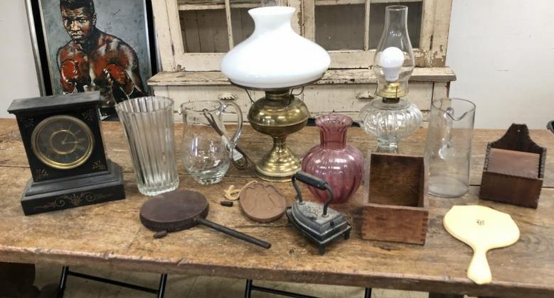 Misc. estate lot including mantel clock, glass (1 of 8)