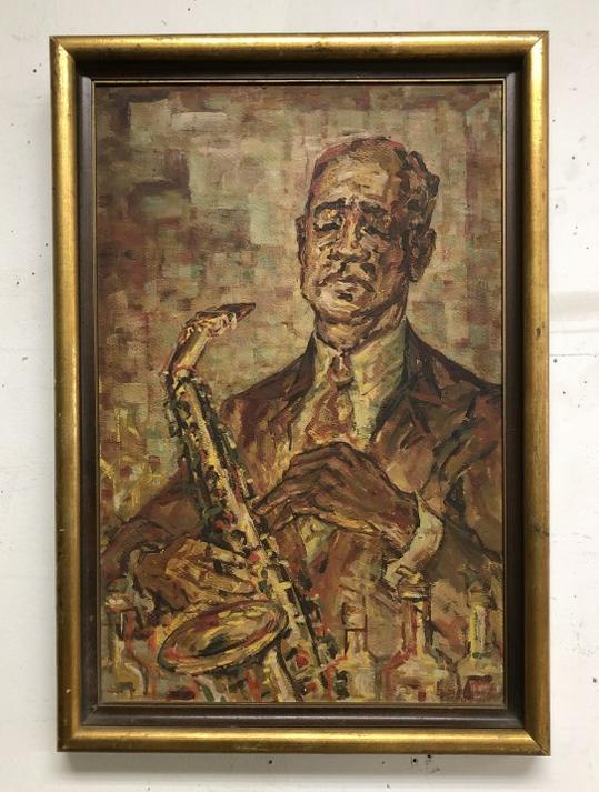 D D Robinson (Corbit) (1919-2013) Impressionist o/b of Black saxophone player, dated 1959, directly (1 of 3)