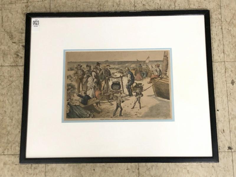 Framed wood engraving - SEA-SIDESKETCHES - A CHOWDER PARTY AT FIRE ISLAND, nicely matted and framed, (1 of 2)