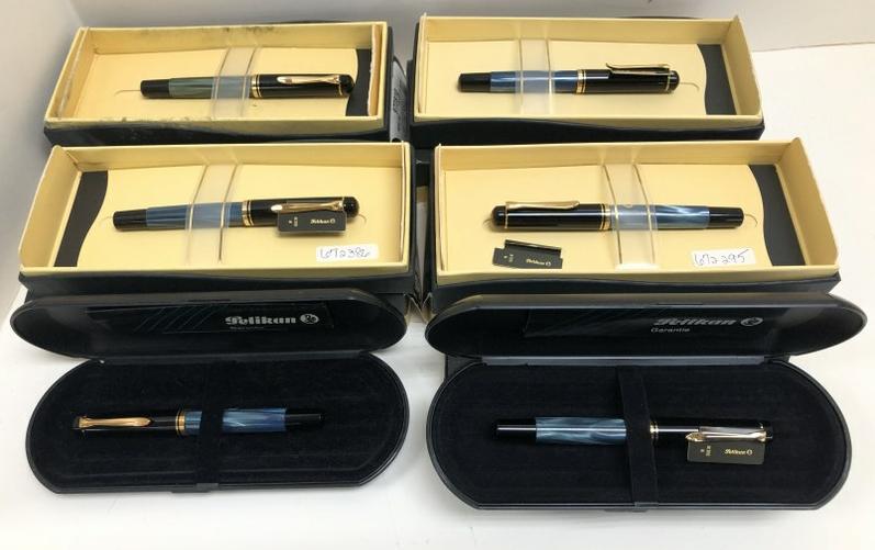 (6) Pelikan M200 M fountain pens NIB, from estate of fountain pen dealer we are selling. All the: (6) Pelikan M200 M fountain pens NIB, from estate of fountain pen dealer we are selling. All the same marbled blue color. (One box is in rough condition ).