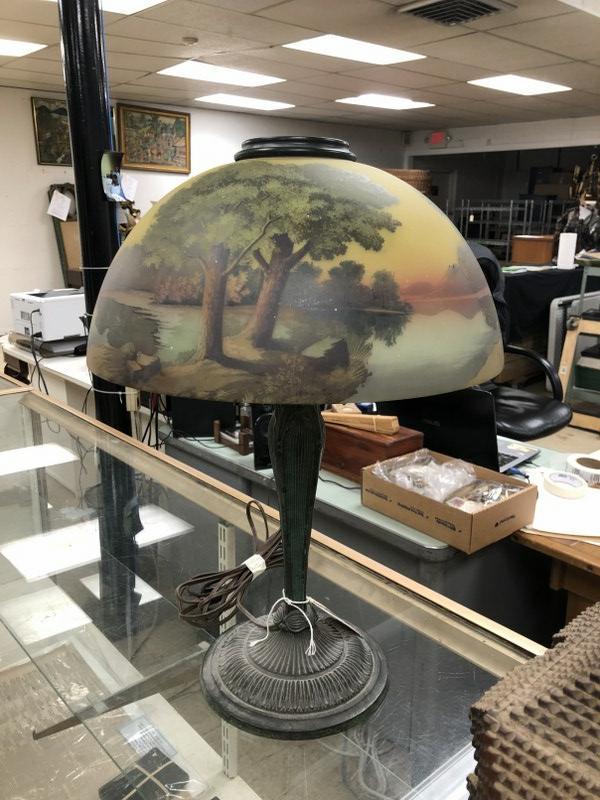 Beautiful circa 1910 reverse painted scenic landscape shade table lamp, with nice patina iron base, (1 of 11)
