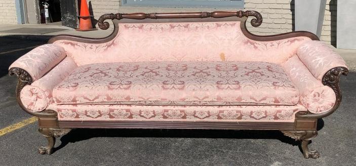 Classical mahogany carved sofa, from Hudson Valley estate, has winged claw feet, nice fabric, (small (1 of 6)