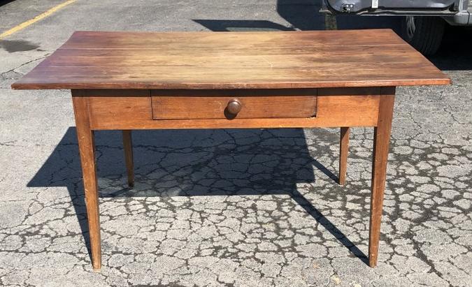 19th c Country 1 drawer work table with tapered leg, made of walnut, pegged construction on base, (1 of 7)