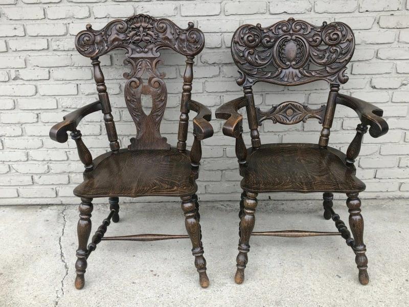 (2) circa 1900 heavily carved quarter sewn oak armchairs from 3 generation Hudson Valley Funeral (1 of 5)