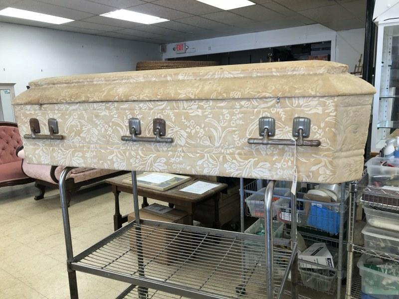 Turn of the century fabric covered coffin, from 3 generation Funeral Parlor's attic in the Hudson: Turn of the century fabric covered coffin, from 3 generation Funeral Parlor's attic in the Hudson Valley, full satin interior with pillow, outside fabric has some light staining from being in the atti