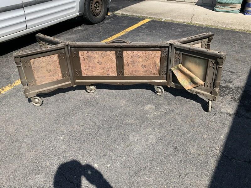 Antique Weber Truck Bier wood casket stand, found in attic of 3 generation Hudson Valley Funeral: Antique Weber Truck Bier wood casket stand, found in attic of 3 generation Hudson Valley Funeral Home. Folds up, could use a cleaning from being in attic for many years. Original cloth panels are dirt