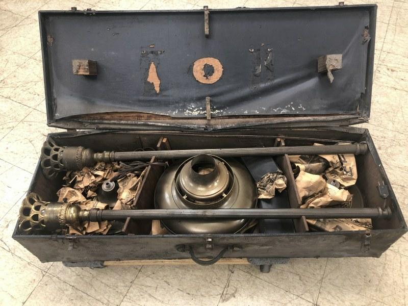 Antique pr. brass Torchere lamps in case, circa 1920's, from attic of 3 generation Funeral Home in (1 of 9)