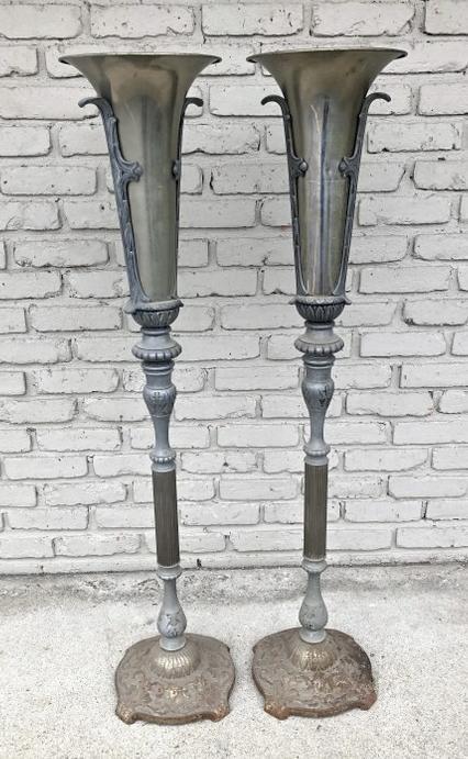 Pr. 1920's Funeral Home flower stands, metal, aluminum & chrome inserts. One chrome flower holder (1 of 5)