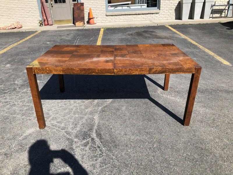 Mid Century wonderful burl veneer patchwork dining table with (1) leaf. From local estate, nice (1 of 7)