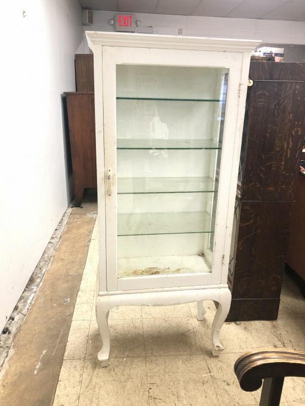 Circa 1920's white painted medical cabinet, with glass shelves. From local attic of 3 generation (1 of 2)