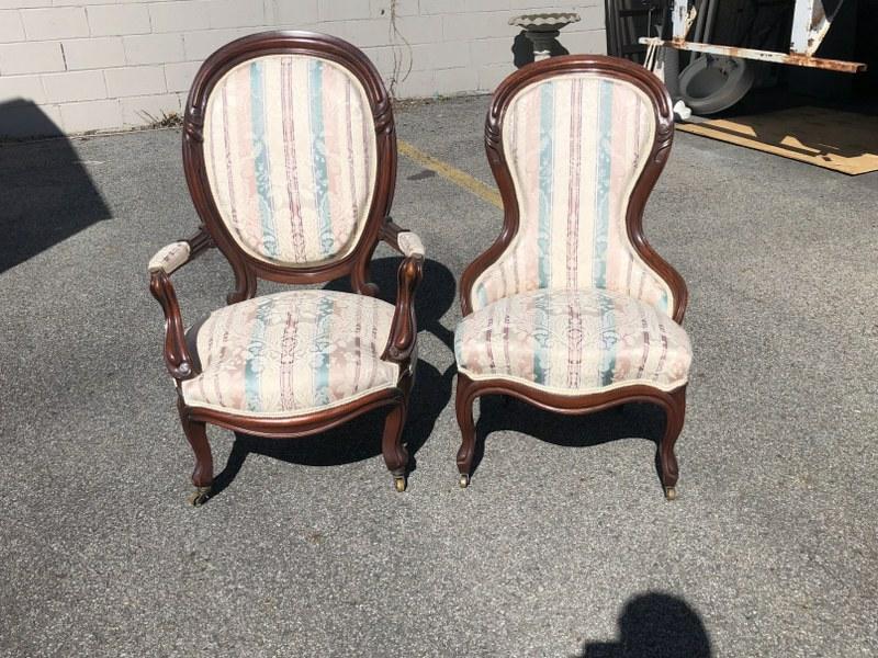 Pair Victorian walnut chairs, incl. Gentleman's armchair & ladies side chair, in nice clean (1 of 3)
