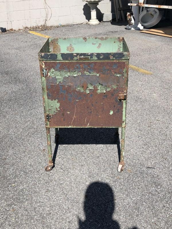 Old Industrial looking metal cabinet with a door, peeling old green paint, found in attic of (3): Old Industrial looking metal cabinet with a door, peeling old green paint, found in attic of (3) generation Funeral Home in the Hudson Valleyâ€¦.Not sure of it's useâ€¦.measures 31" high x 20"